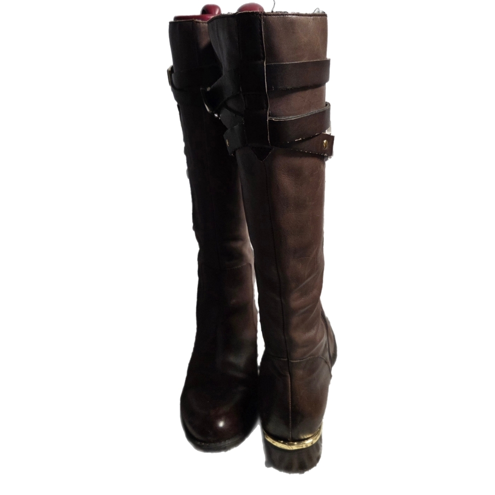 Franco Sarto Stylish Lea Celeste. Brown Leather Knee-High Tall Riding Boots - Picture 2 of 6